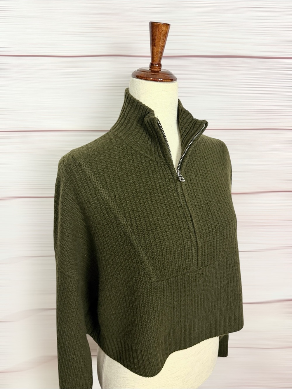 STAUD Cashmere Cropped Hampton Sweater Olive Chunky Knit Half Zip Oversized M - Picture 9 of 13